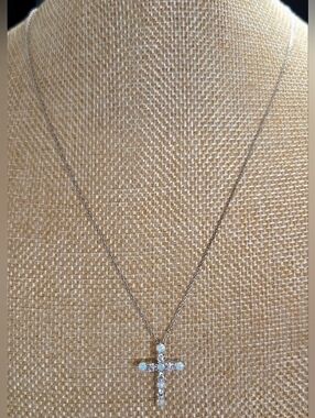 Sterling Silver Necklace Marked 925 KA 1772 Opal & Crystal Cross Pendant